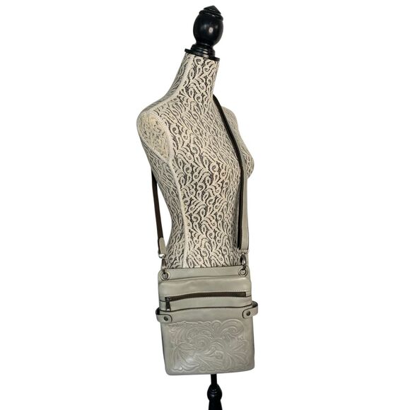 Patricia Nash Burnished Tooled Leather Francesca Organizer Crossbody Bag in Gray - Picture 12 of 12